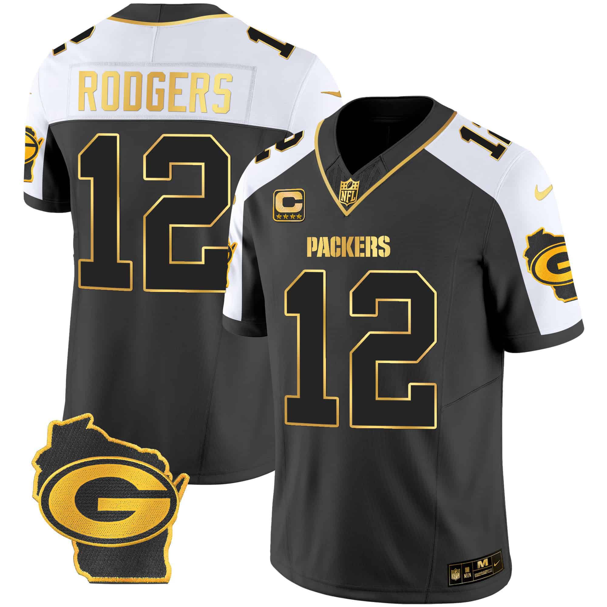 Men Green Bay Packers 12 Rodgers Black Gold 2024 Nike Home Patch Vapor NFL Jersey